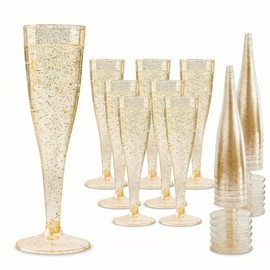 Oojami 30 Pack Gold Glitter Disposable Champagne Flutes, 4.5 oz BPA-Free Shatterproof Plastic Toasting Glasses for Weddings, Mimosa Bars, Bridal Showers & Outdoor Celebrations