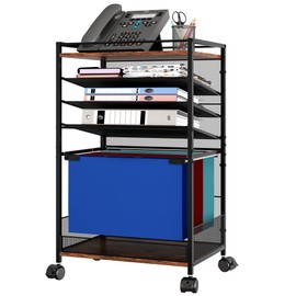 EasyPAG 5-Tier Rolling File Cart with Hanging File Folders, Mobile Desk File Organizer on Lockable Wheels, Wood & Mesh Paper Letter Sliding Trays for Office, Home, School, Black