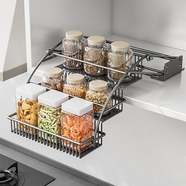 HZBL-LP 3-Tier Pull Down Spice Rack Organizer for Inside Cabinet Pantry Expandable Display Riser Shelf Kitchen Seasoning Shelf(27.5cm/10.8in)
