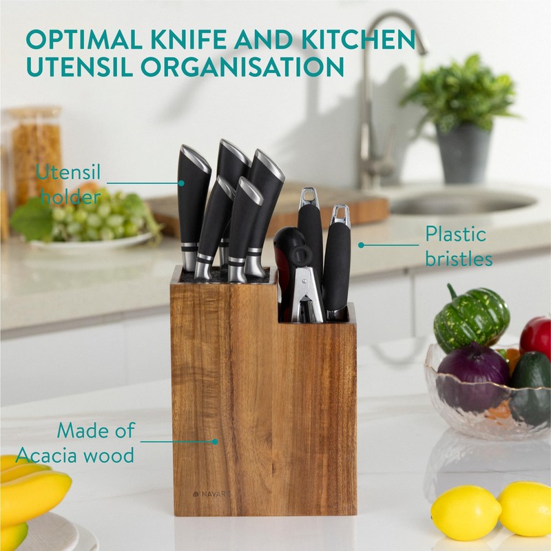 Navaris Knife Block & Utensil Organiser - Durable Acacia Wood