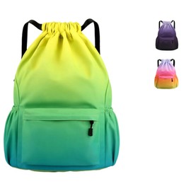 Drawstring Backpack Bag with Front Pocket Waterproof Oxford Cloth, Lightweight Gym Sack for Sports and Travel (Yellow Green, Large)