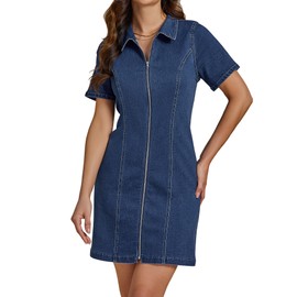 luvamia Denim Dresses for Women Summer Casual Zip Up Short Sleeve Western Short Stretchy Jean Women's Summer Dress with Pockets Classic Blue Size Small Fits US 4-6