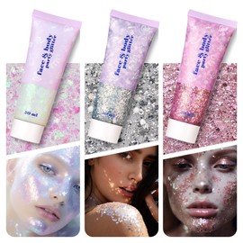Pack of 3 Body Glitter Gel, Glitter Face Festival Glitter Face, Glitter Make-Up for Face, Body Glitter Gel Face, Glitter Gel, Face Glitter (White + Silver + Pink + 5 Brushes)