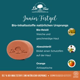 Dr. Tree Organic Festes Duschgel Junior | Empfindliche Haut | Stärkt das Mikrobiom | 99,7% natürliche Inhaltsstoffe | Bio-Reisöl und Kakaobutter | Geeignet für Veganer, plastikfrei. 75g