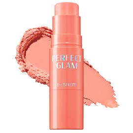 THESAEM Perfect Glam Stick Blusher with Blending Sponge CR01 Apricot Milk - Milky Peach Color Cream Blush Stick Balm for Cheeks - Silky Smooth Formula with Natural Dewy Finish, 0.2oz.