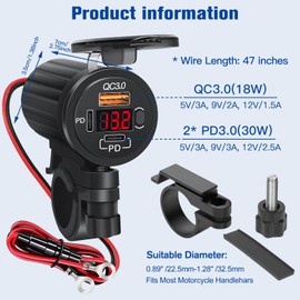 Motorcycle USB Charger Socket 3 Port USB C Outlet 78W Dual PD & QC Motorcycle Phone Charger with Voltmeter & Switch, Waterproof Motorcycle USB Outlet for Phone, Tablet, GPS, Dashcams - Red
