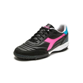 Diadora Calcetto LT Turf Soccer Shoes - Full Grain Leather, Enhanced Cushioning, Anti-Wear Rubber, Synthetic Turf, Optimal Traction and Stability, Black/Pink/Cyan Blue, 10 UK