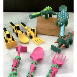 Constructive Eating Made in USA Combo with Set of 3 Construction Utensils, Dinosaur Utensils, and Garden Utensils for Toddlers, Infants, Babies and Kids - Made with Materials Tested for Safety