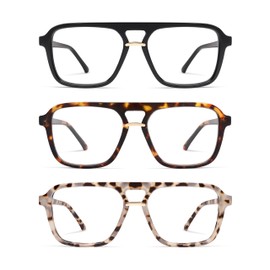 AMOMOMA 3 Pack Trendy Aviator Reading Glasses for Women Men Stylish Square Blue Light Blocking Readers AM6164 Mix (+2.00 Magnification Strength)