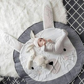 Abreeze Baby Nursery Decor Bunny Shaped Play Mat Round Carpet Cartoon Rabbit Design Home Room Decor 35X37 inches,Grey