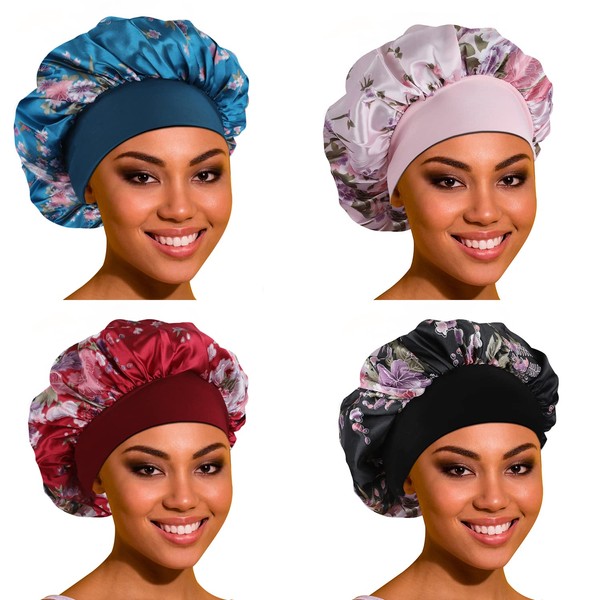 Satin Bonnet Hair Bonnet for Sleeping- 4 Pack Large Silk Bonnets for Black Women with Elastic Soft Band for Hair Care