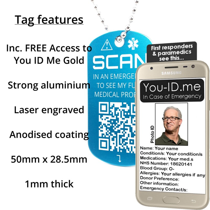 You ID Me Medical Necklace Tag with QR Code, Engraved