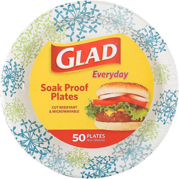 Glad Round Disposable Paper Plates for All Occasions | New & Improved Quality | Soak Proof, Cut Proof, Microwaveable Heavy Duty Disposable Plates | 10" Diameter, 50 Count Bulk Paper Plates