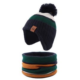 XIAOHAWANG Striped Winter Baby Beanie Knitted Hat Boys Girls Toddler Kids Warm Children Classic Beanie Hats (Green(Hat+Scarf), L)