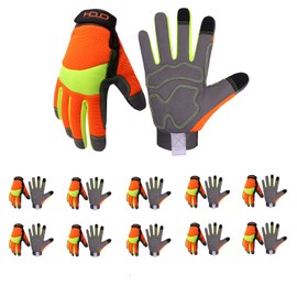 HLDD HANDLANDY Utility Work Gloves for Men and Women, Hi Viz Safety Work Gloves, Touch Screen Mechanic Working Gloves (XL, Orange-10Pairs)