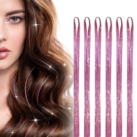 DHWEKU Hair Tinsel, Pink 120 cm Hair Tinsel 1200 Glitter Hair Strands Kit Glitter Strands for Hair Festival Party Hair Glitter Tinsel Hair Fairy Hair for Girls