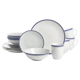 10 Strawberry Street Café Stripe 16 Piece Coupe Dinnerware Set, Blue