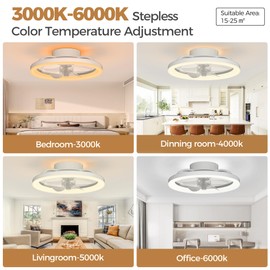 Mcestna Ceiling Fans with Lights and Remote White 16 inch Bladeless Modern Ceiling Fan, Low Profile Flush Mount Ceiling Fan Lights for Bedroom Kitchen