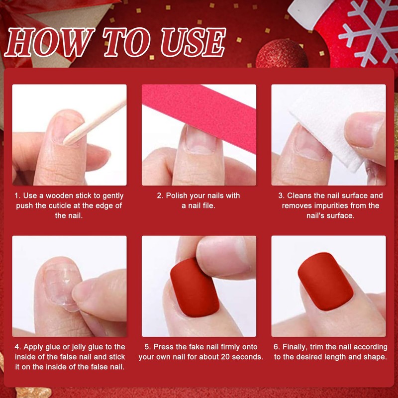 24Pcs Christmas False Nails Short Square, French Red Press on