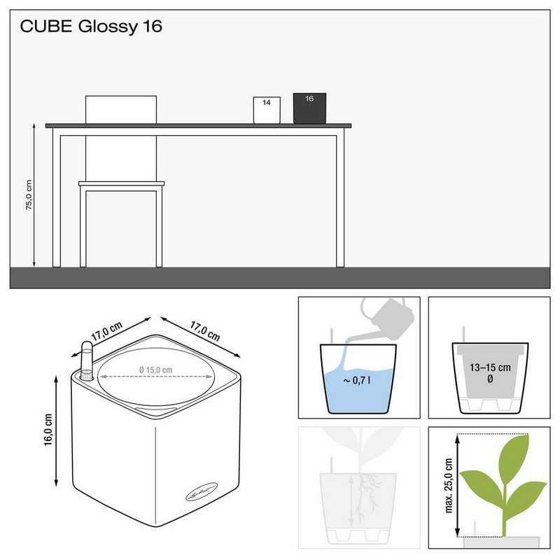 Lechuza Cube - Glossy, High-Quality Plant Cube with Stick Irrigation