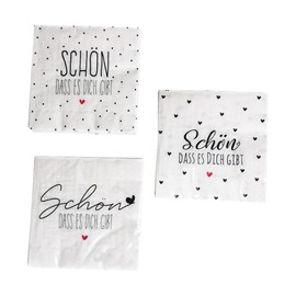 3 x 20 Napkins 'Schön dass es dich gibt' White, Red, Black - Hearts Sayings 3-Ply 33 x 33 cm