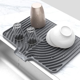 JOOKKI Silicone Drying Mat for Kitchen Counter,18"×12" Silicone Dish Drying Mat with Board Drain,Rubber Kitchen Counter Dry Matt for Dishes Drying Rack(black)