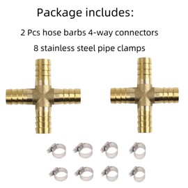 Kenhihi 2 Pcs 5/16 "(8mm) brass hose barb joint 4-way cross barb splicing repair union, with 8 oil water air hose clamps, (＋type 8mm)
