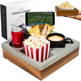 Silicone Couch Cup Holder Tray – Handy Silicone Acacia Couch Caddy with Cup Holder & Phone Stand – Waterproof Anti-Spill Snack & Bed Caddy Organizer Sofa Tray for Drinks, Snacks, & Remotes (Gray)