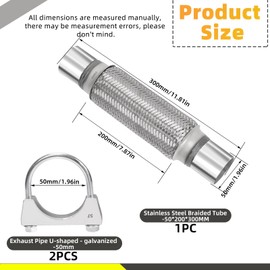 Mardatt 3Pcs Exhaust Flex Pipe Heavy Duty Stainless Steel Exhaust Flex Pipe Double Braid Exhaust Flex Tube U-Bolt Clamp Stainless Steel Muffler U-Bolt Clamps for Cars Trucks Buses Pipes(2"x8"x12")