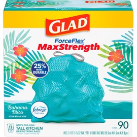 Glad ForceFlex MaxStrength Kitchen Trash Bags, 13 Gal, Bahama Bliss Febreze, 90 Ct (Pack May Vary)