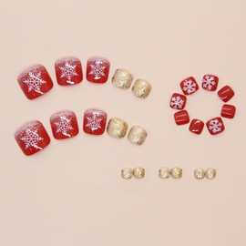 24Pcs Snowflake Press on Toenails Short Square Nails Christmas Fake Toe Nails with Designs Reusable Red New Year Acrylic Nails Xmas Snow False Nails Gold Glitter Stick on Nails for Women Nail Decor