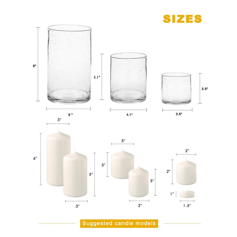 ARIAMOTION Hurricane Glass Candle Holders Set, Pillar Votive,Clear Seeded Bubbles