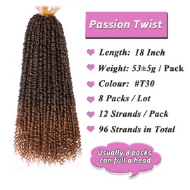 Samtress 18 Inch Pretwisted Passion Twist Hair 8 Packs Bohemian Synthetic Hair Extensions with Curl Ends Ombre Brown Pre Looped Water Wave Corchet Braids for Women (#T30)