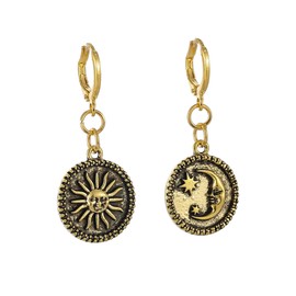 Celestial Sun Star Moon Earrings Vintage Bohemian Dangle Drop Earrings Creative Design Asymmetric Sun Moon Face Earrings Antique Gold Silver Round Coin Earrings Boho Hoop Earrings Greek Mythology Asymmetric Drop Earrings for Women (Gold)