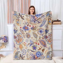 Wegklazax Boho Floral Throw Blanket, Bohemian Soft Cozy and Warm Couch Blankets Gift for Flower Lover, Decorative Blankets for Sofa Couch Bed, Gray Blue 50×60 inches