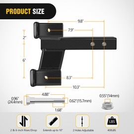Nilight Trailer Dual Hitch Extender for 2 Inch Receiver with 2" 6" Rise or Drop with Bolt Nut Clip 10,000 lbs Capacity Adjustable Extend 8" 10" Length Matte Black Powder Coated