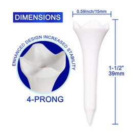 1 1/2'' Plastic Golf Tees Pack of 50 Bulk, 4 Prongs Plastic Golf Tees Performance Series Low Resistance 1 1/2-Inch Golf Tee White