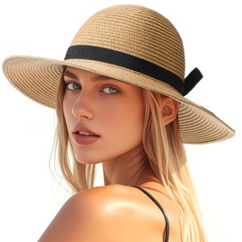 Beach Hats for Women - Wide Brim Sun Straw Hat for Women, UPF 50+ UV Sun Protection Sun Hat Womens, Floppy Sun Hat Foldable Roll up Cap, Khaki