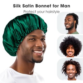 Fittia Satin Bonnet for Men Sleeping - Silk Hair Warp for Hair Care, Adjustable Large Sleep Cap for Curly Braid Dreadlocks Deep Green