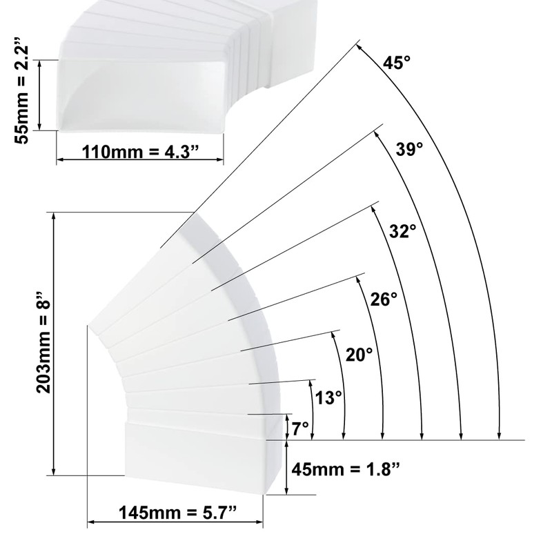 110x55mm 15-60 Degree Horizontal Angle Elbow Rectangular Plastic Ducting Adapter
