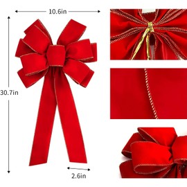 6Pcs Large Christmas Red Velvet Bows - 30.7" x 10.6" Valentine's Day Gold Wired Red Velvet Wreath Bow - Christmas Tree Topper Bow for Home Window Party Outdoor Decorations