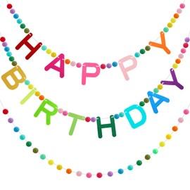 Breling 3 Pieces Happy Birthday Felt Garlands 10ft Colorful Pompom Ball Garland Birthday Party Decorations for Wall, Mantle Fireplace, Hanging Decor