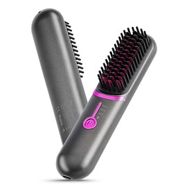 Portable Cordless Hair Straightener Brush Hot Comb USB Rechargeable Fast Heating Straightening Brush - Color: Gray