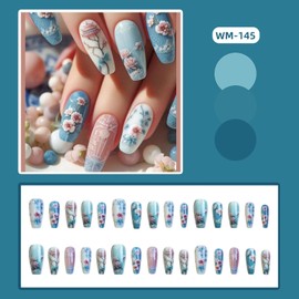 Press on Nails Medium Ballet Shaped Begonia False Nails Blue Press Nails Flower Pattern Design Acrylic Nails Chinese Style Stick on Nails Artificial Coffin Nails Full Cover Glue on Nails for Women