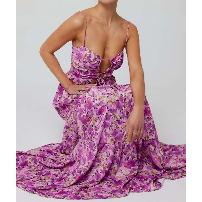 ABYOVRT Women Floral Maxi Dress Tie Front Cut Out Backless