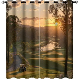 HDESDIS Sunset Golf Course Grommet Blackout Curtains for Bedroom, Grass Lawn Lake Tree Car Thermal Insulated Curtains Room Darkening Window Drapes, 21W x 45L, 2 Panels