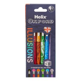 Helix Oxford Illusions Coloured Ink Gel Pens - Assorted Colours - Pack of 6 - Six unique pen designs