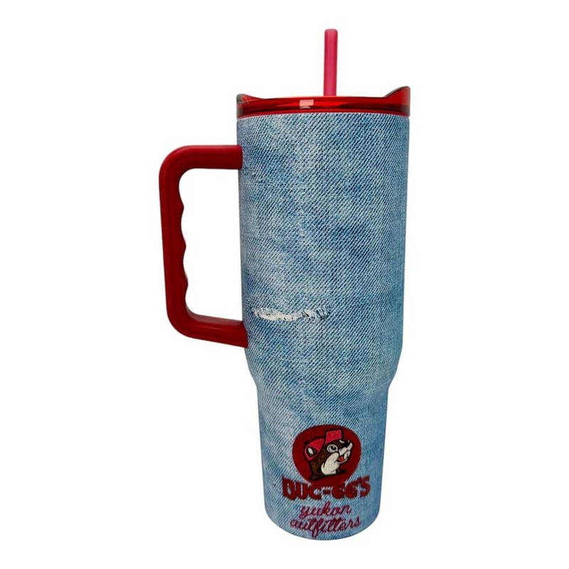 Buc-ee's Insulated Tumbler, 40 oz, Denim Design with Red Lid