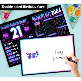 Blazeon Jumbo 21st Birthday Card for Men Women, Neon 21st Birthday Party Decorations for Him Her, Happy 21 Year Old Birthday Gifts for Son Daughter, Double-Sided with Two Stickers