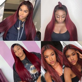 Burgundy Bundles 1B99J Straight Human Hair Bundles Brazilian Ombre Straight Bundles Human Hair 3 Bundles 14 16 18 Inch Two Wone Black And Wine Red Bundles Human Hair Extensions